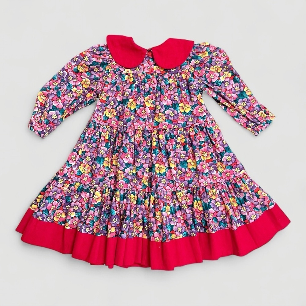 RARE Vintage Petals San Francisco Corduroy Floral Dress Red Collar Girls Size 6
